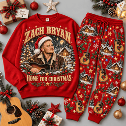 Zach Bryan Home for Christmas Portrait Sweater Jogger Set for Americana Music Fans NDN Red Flat