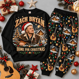 Zach Bryan Home for Christmas Portrait Sweater Jogger Set for Americana Music Fans NDN Black Flat