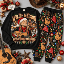 Willie Nelson Outlaw Christmas Legend Portrait Sweater Jogger Set for Country Fans NDN Black Flat