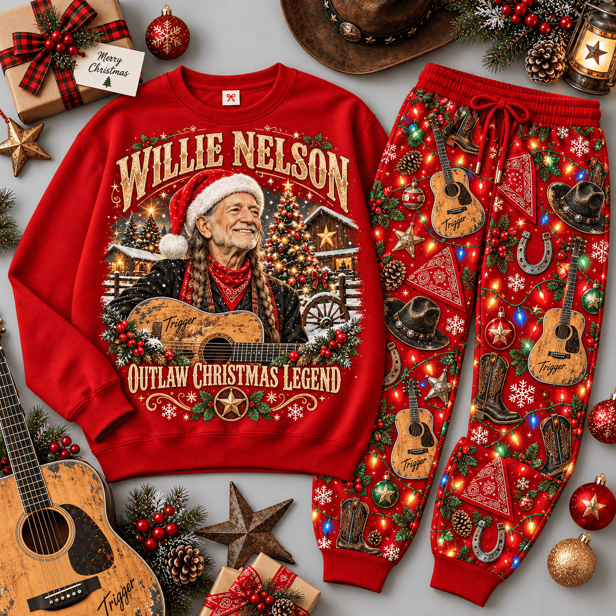 Willie Nelson Outlaw Christmas Legend Portrait Sweater Jogger Set for Country Fans NDN Red Flat