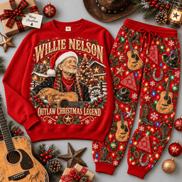 Willie Nelson Outlaw Christmas Legend Portrait Sweater Jogger Set for Country Fans NDN Red Flat