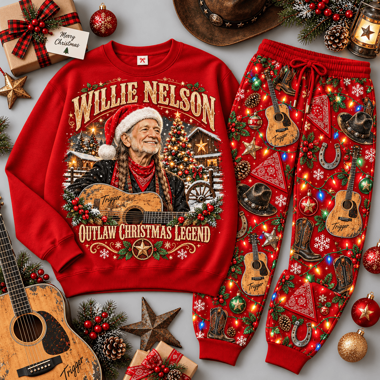 Willie Nelson Outlaw Christmas Legend Portrait Sweater Jogger Set for Country Fans NDN Red Flat