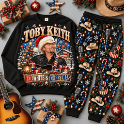 Toby Keith Red White and Christmas Flag Sweater Jogger Set for Country Fans NDN Black Flat