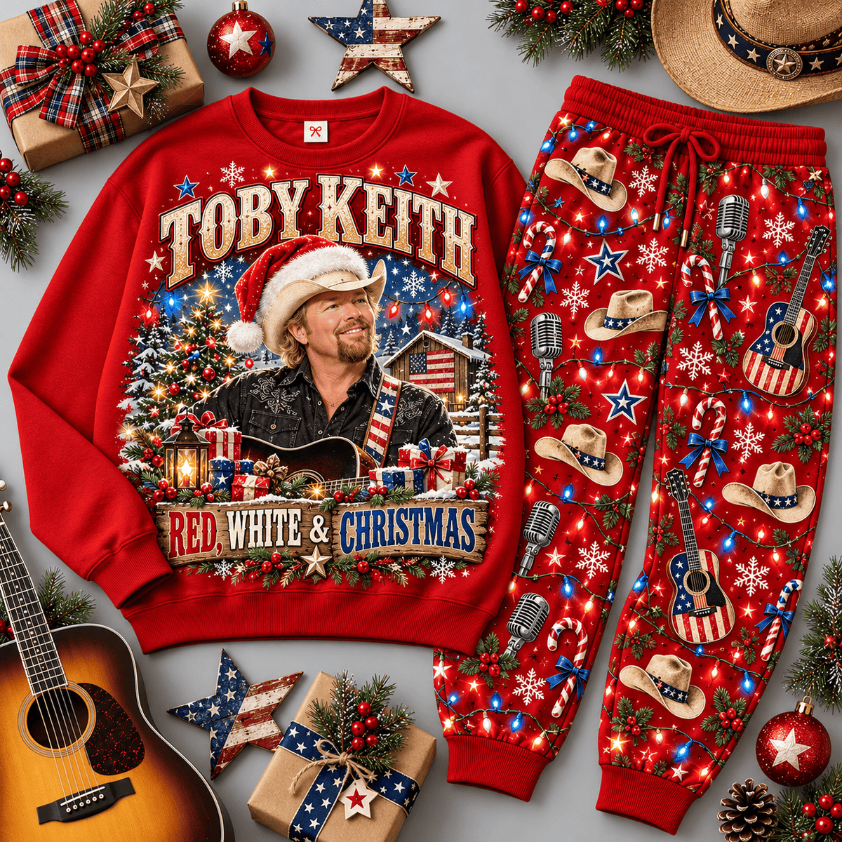 Toby Keith Red White and Christmas Flag Sweater Jogger Set for Country Fans NDN Red Flat