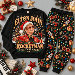 Elton John Rocketman Christmas Magic Piano Sweater Jogger Set for Pop Rock Fans NDN Black Flat