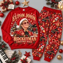 Elton John Rocketman Christmas Magic Piano Sweater Jogger Set for Pop Rock Fans NDN Red Flat