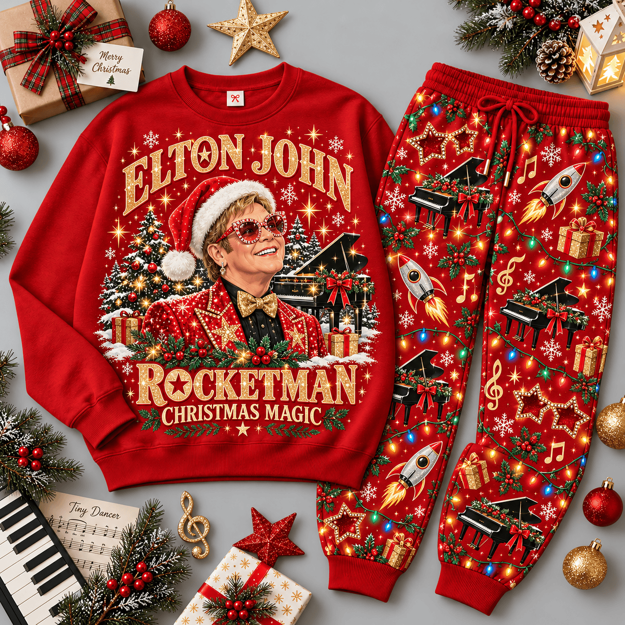 Elton John Rocketman Christmas Magic Piano Sweater Jogger Set for Pop Rock Fans NDN Red Flat