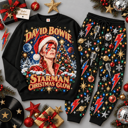 David Bowie Starman Christmas Glow Portrait Sweater Jogger Set for Glam Rock Fans NDN Black Flat