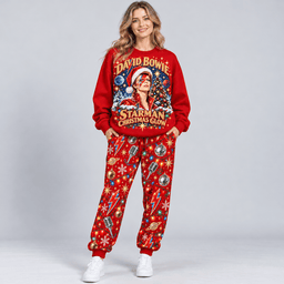 David Bowie Starman Christmas Glow Portrait Sweater Jogger Set for Glam Rock Fans NDN Worn