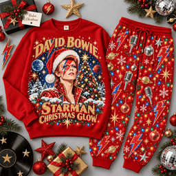 David Bowie Starman Christmas Glow Portrait Sweater Jogger Set for Glam Rock Fans NDN Red Flat