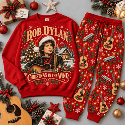 Bob Dylan Christmas in the Wind Portrait Sweater Jogger Set for Folk Rock Fans NDN Red Flat