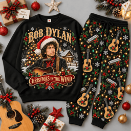 Bob Dylan Christmas in the Wind Portrait Sweater Jogger Set for Folk Rock Fans NDN Black Flat