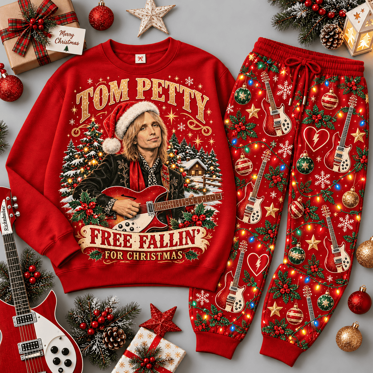 Tom Petty Free Fallin for Christmas Portrait Sweater Jogger Set for Rock Fans NDN Red Flat