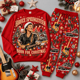 Bruce Springsteen Born for Christmas Portrait Sweater Jogger Set for Heartland Rock Fans NDN Red Flat