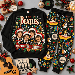The Beatles All You Need Is Christmas Portrait Sweater Jogger Set for Music Fans NDN Black Flat