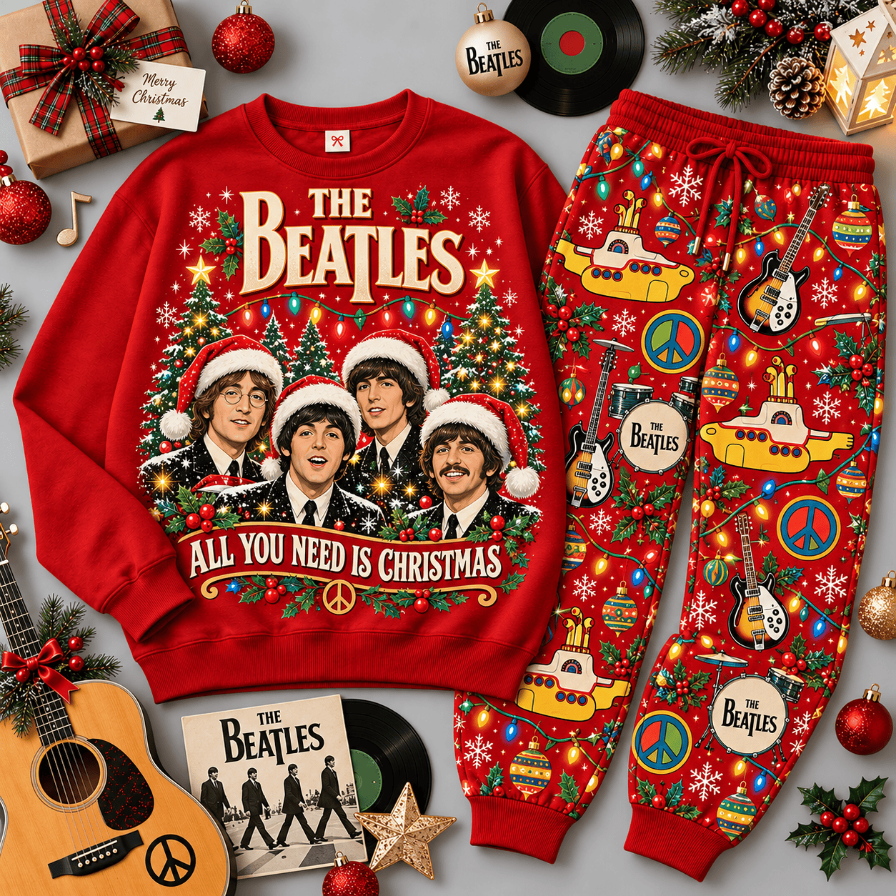 The Beatles All You Need Is Christmas Portrait Sweater Jogger Set for Music Fans NDN Red Flat