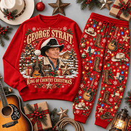 George Strait King of Country Christmas Portrait Sweater Jogger Set for Country Fans NDN Red Flat