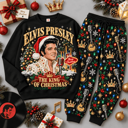 Elvis Presley King of Christmas Portrait Sweater Jogger Set for Rock and Roll Fans NDN Black Flat
