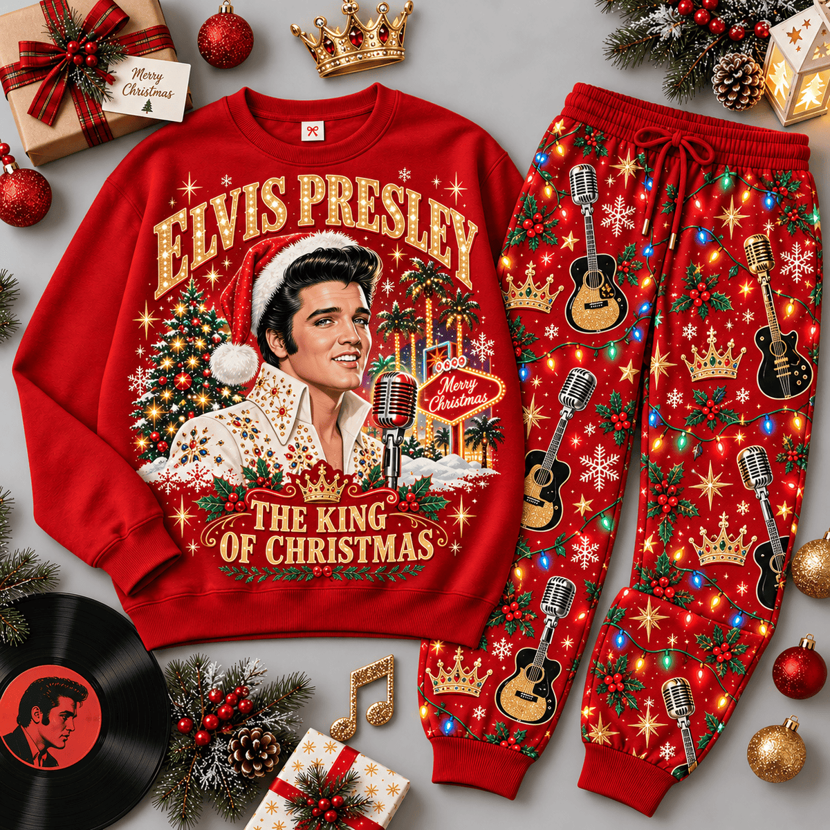Elvis Presley King of Christmas Portrait Sweater Jogger Set for Rock and Roll Fans NDN Red Flat