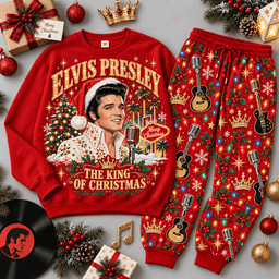 Elvis Presley King of Christmas Portrait Sweater Jogger Set for Rock and Roll Fans NDN Red Flat