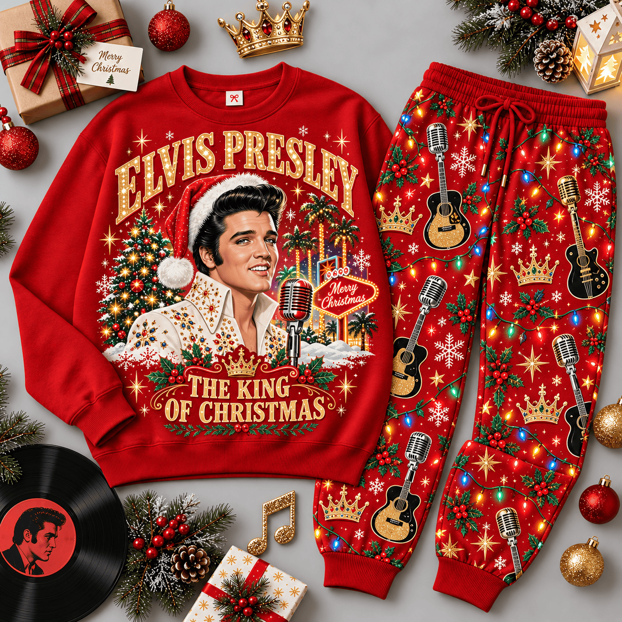 Elvis Presley King of Christmas Portrait Sweater Jogger Set for Rock and Roll Fans NDN Red Flat