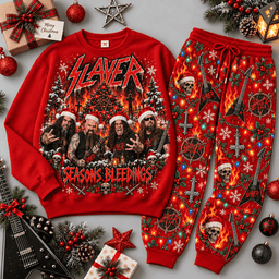 Slayer Seasons Bleeding Portrait Sweater Jogger Set for Thrash Metal Holiday Fans NDN Red Flat