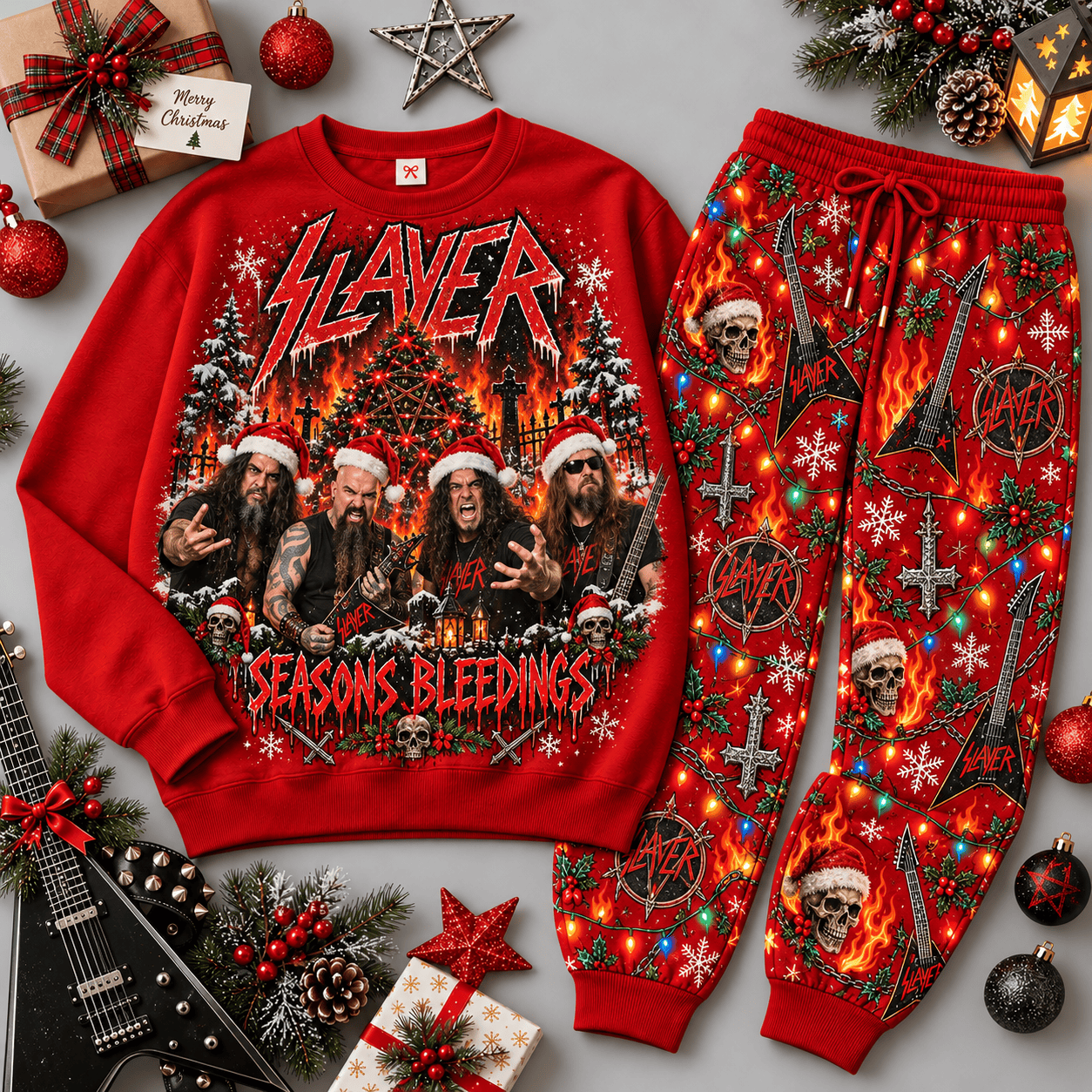 Slayer Seasons Bleeding Portrait Sweater Jogger Set for Thrash Metal Holiday Fans NDN Red Flat