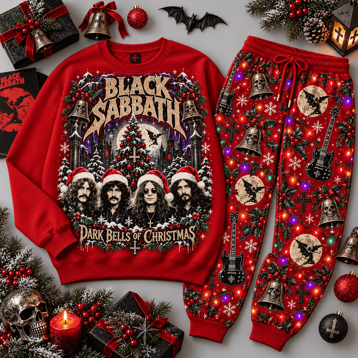 Black Sabbath Dark Bells of Christmas Portrait Sweater Jogger Set for Heavy Metal Fans NDN Red Flat