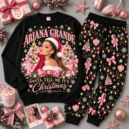 Ariana Grande Santa Tell Me Christmas Portrait Sweater Jogger Set for Festive Pop Fans NDN Black Flat