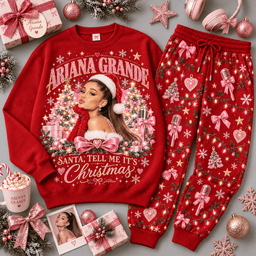 Ariana Grande Santa Tell Me Christmas Portrait Sweater Jogger Set for Festive Pop Fans NDN Red Flat