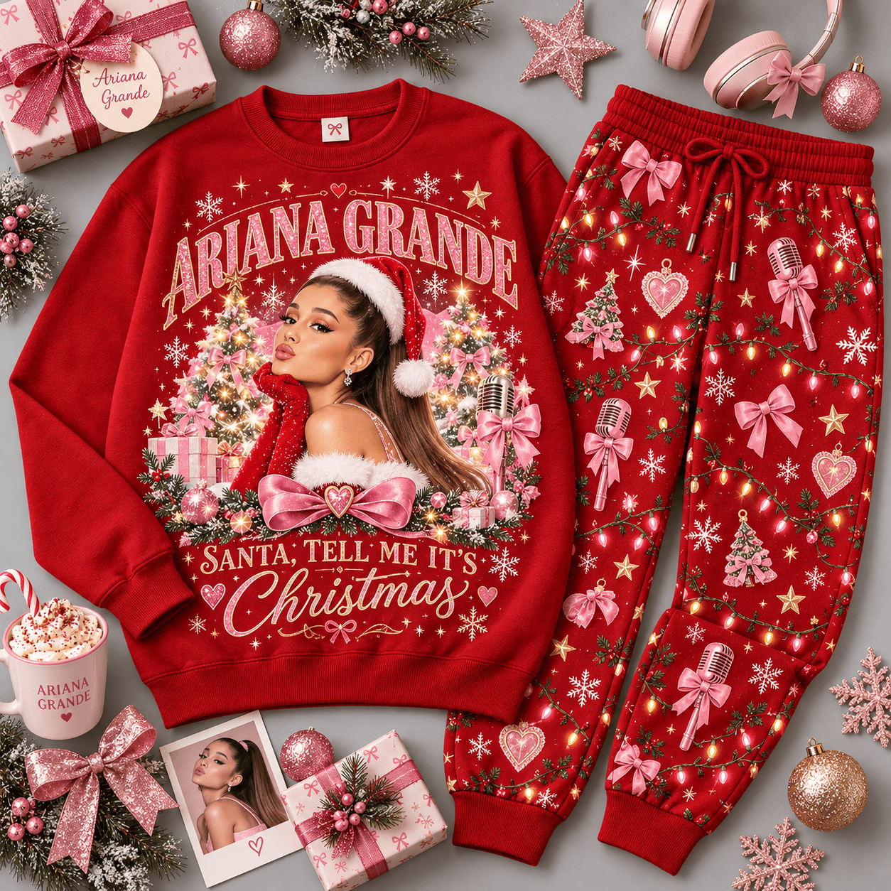 Ariana Grande Santa Tell Me Christmas Portrait Sweater Jogger Set for Festive Pop Fans NDN Red Flat
