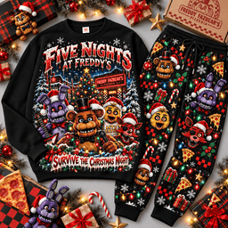 Five Nights at Freddy's Merry Frightmas Character Sweater Jogger Set for Horror Game Fans NDN Black Flat