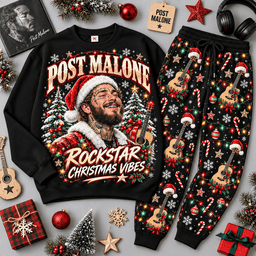Post Malone Rockstar Christmas Vibes Portrait Sweater Jogger Set for Hip Hop Fans NDN Black Flat