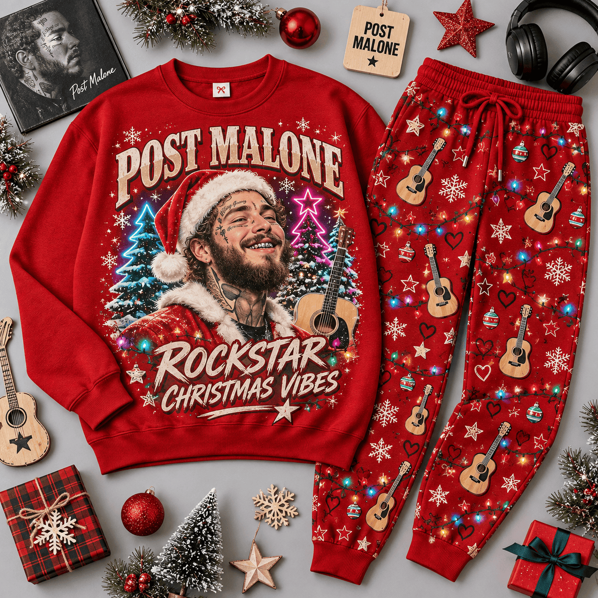 Post Malone Rockstar Christmas Vibes Portrait Sweater Jogger Set for Hip Hop Fans NDN Red Flat