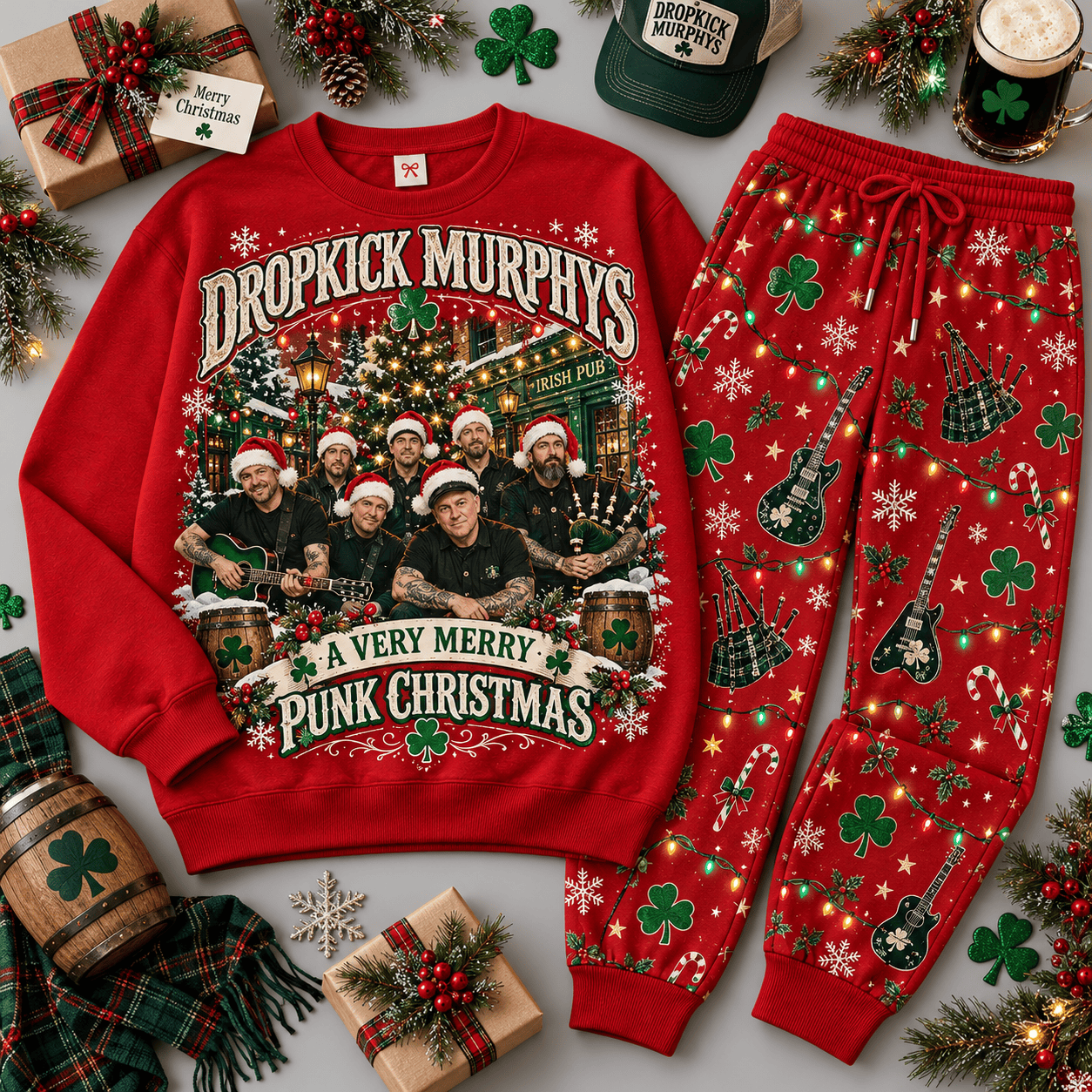 Dropkick Murphys Merry Punk Christmas Portrait Sweater Jogger Set for Celtic Rock Fans NDN Red Flat