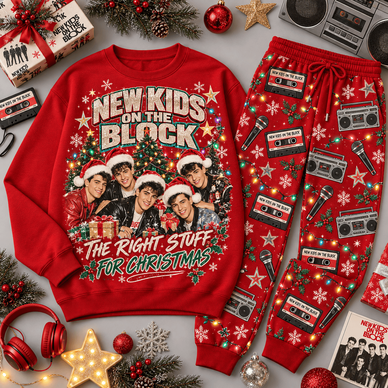 New Kids on the Block Right Stuff Christmas Sweater Jogger Set for Pop Fans NDN Red Flat