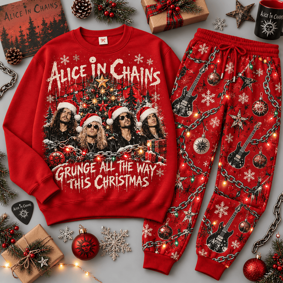 Alice in Chains Grunge All the Way Christmas Sweater Jogger Set for Rock Fans NDN Red Flat