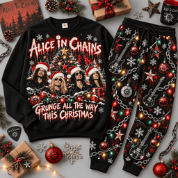Alice in Chains Grunge All the Way Christmas Sweater Jogger Set for Rock Fans NDN Black Flat