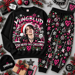 Yungblud Stay Weird Christmas Portrait Sweater Jogger Set for Alternative Rock Fans NDN Black Flat