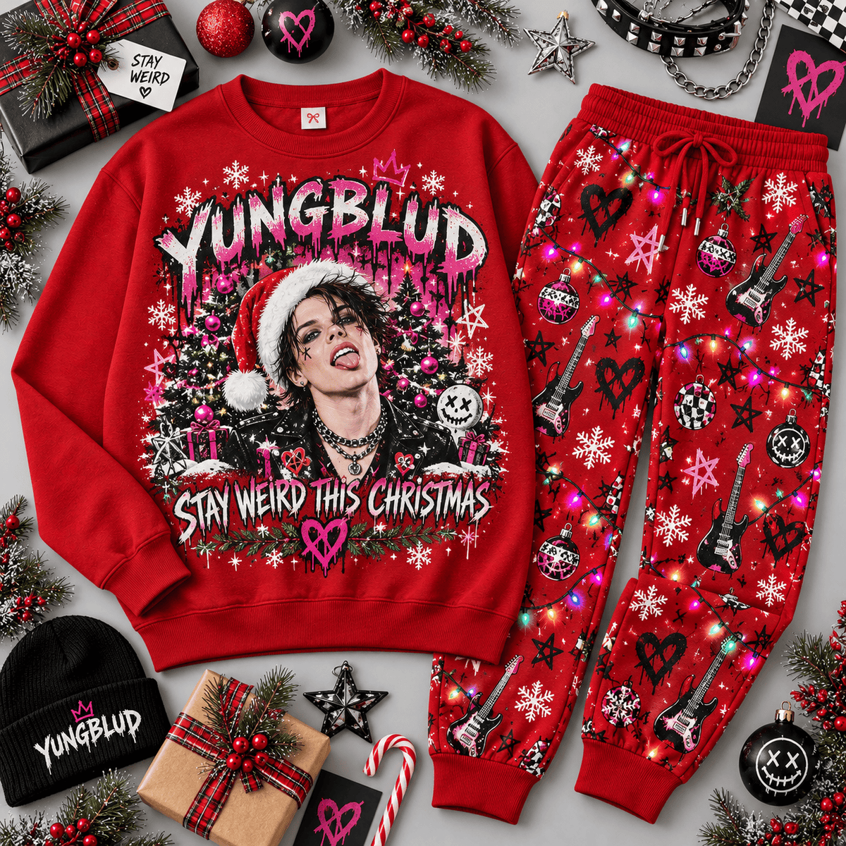 Yungblud Stay Weird Christmas Portrait Sweater Jogger Set for Alternative Rock Fans NDN Red Flat