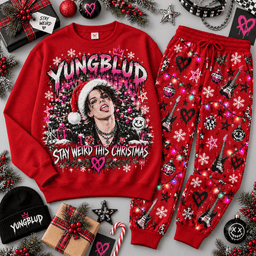 Yungblud Stay Weird Christmas Portrait Sweater Jogger Set for Alternative Rock Fans NDN Red Flat
