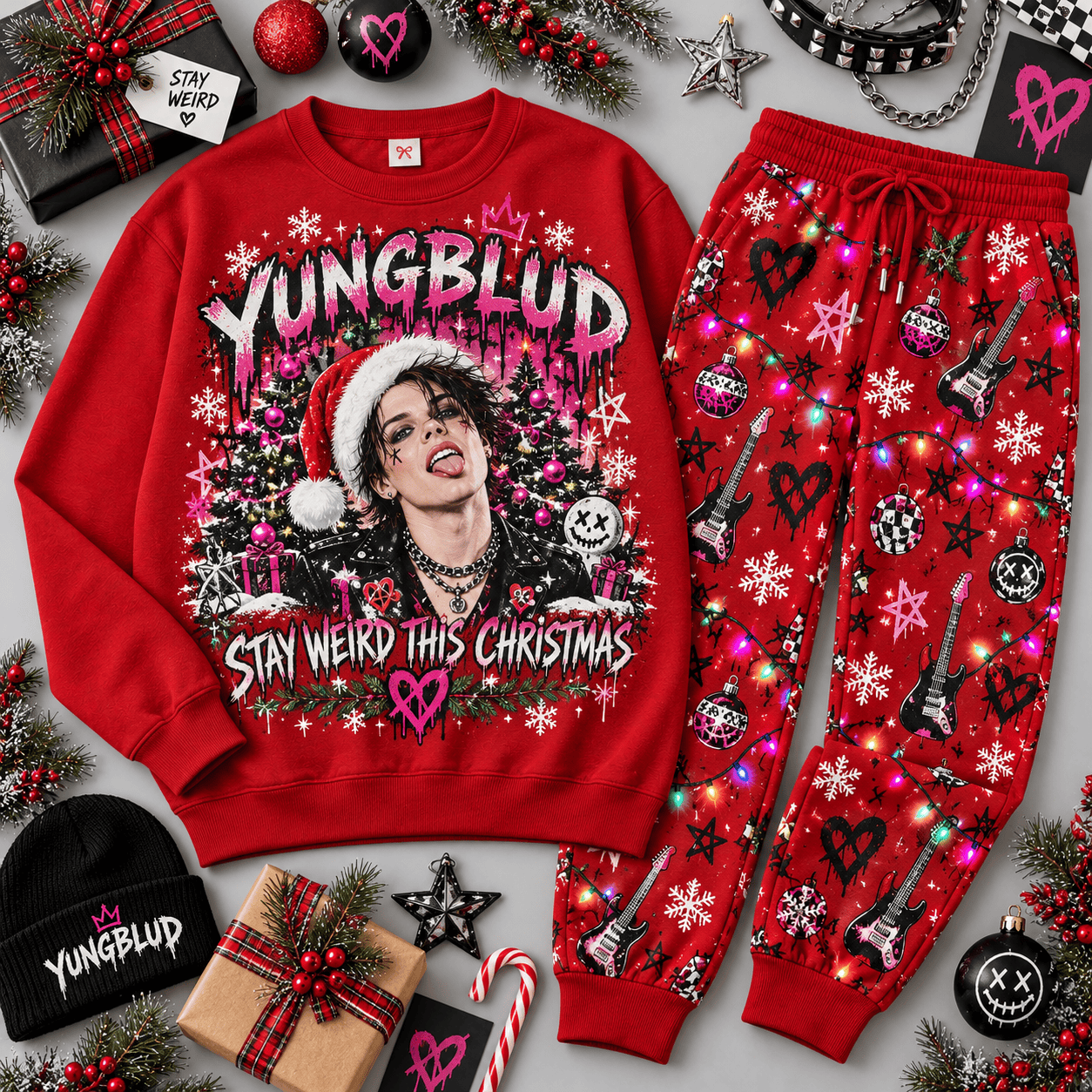 Yungblud Stay Weird Christmas Portrait Sweater Jogger Set for Alternative Rock Fans NDN Red Flat