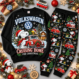Volkswagen Cruising Home for Christmas Retro Vehicle Sweater Jogger Set for Classic Car Fans NDN Black Flat