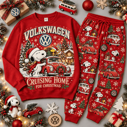 Volkswagen Cruising Home for Christmas Retro Vehicle Sweater Jogger Set for Classic Car Fans NDN Red Flat