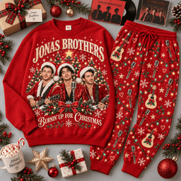 Jonas Brothers Burnin Up for Christmas Portrait Sweater Jogger Set for Pop Music Fans NDN Red Flat