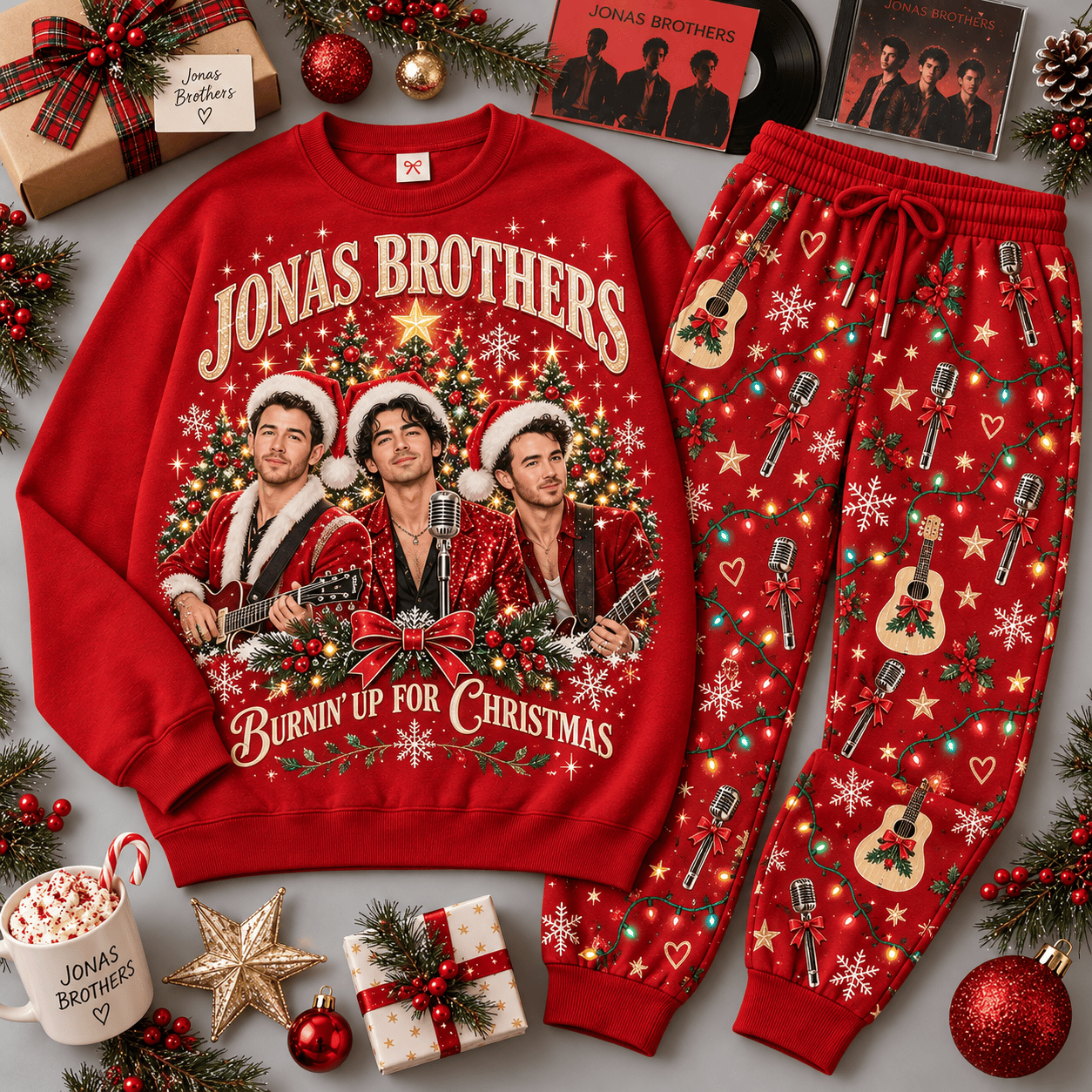 Jonas Brothers Burnin Up for Christmas Portrait Sweater Jogger Set for Pop Music Fans NDN Red Flat