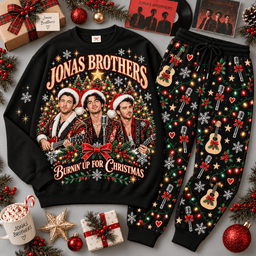 Jonas Brothers Burnin Up for Christmas Portrait Sweater Jogger Set for Pop Music Fans NDN Black Flat