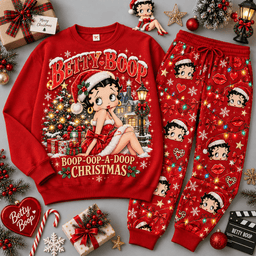 Betty Boop Boop Oop A Doop Christmas Sweater Jogger Set for Vintage Cartoon Fans NDN Red Flat