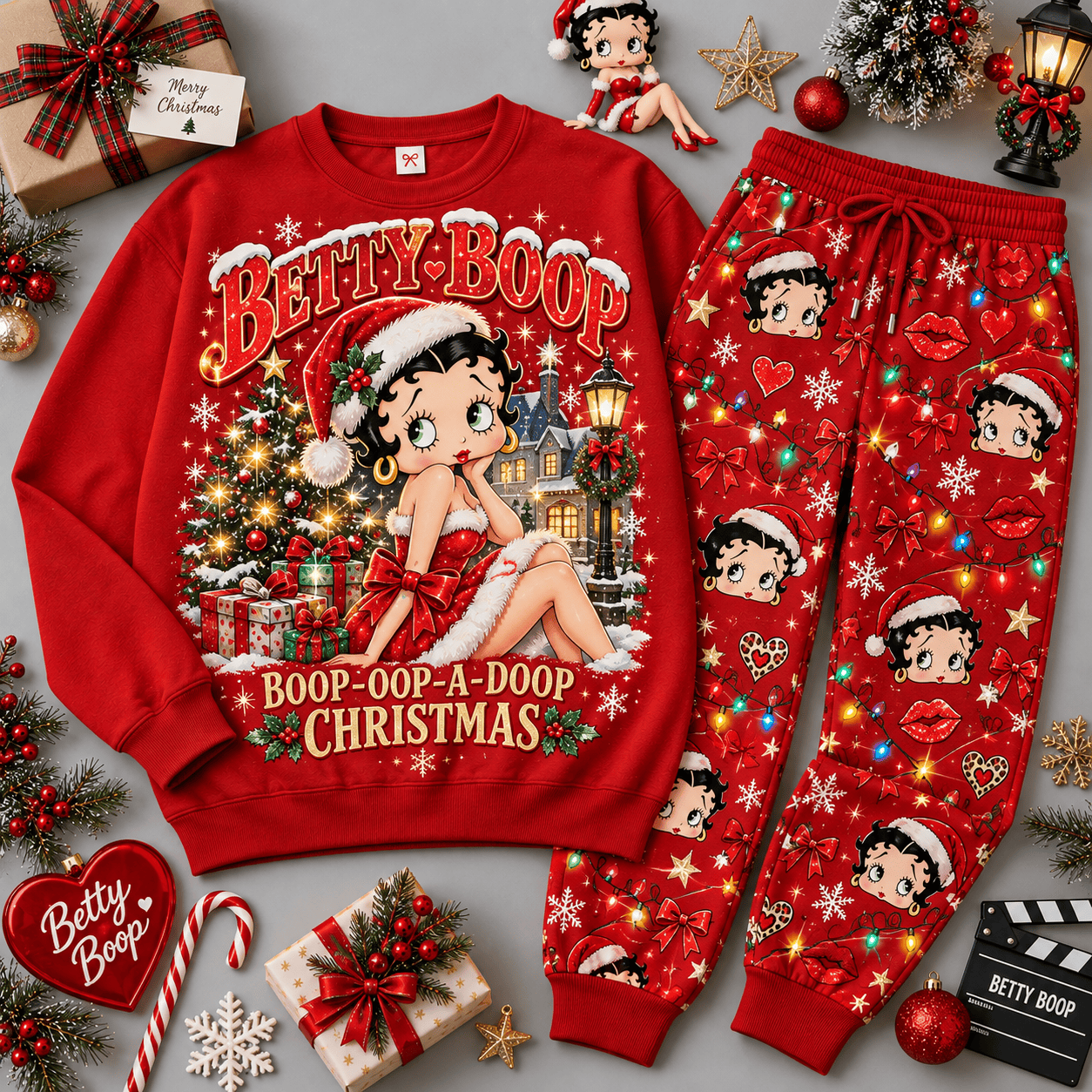 Betty Boop Boop Oop A Doop Christmas Sweater Jogger Set for Vintage Cartoon Fans NDN Red Flat