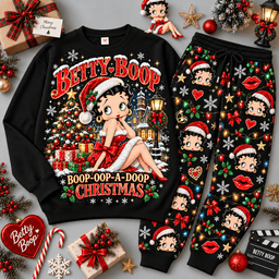 Betty Boop Boop Oop A Doop Christmas Sweater Jogger Set for Vintage Cartoon Fans NDN Black Flat